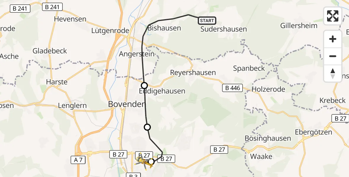 Flugroute Rettungshubschrauber Nörten-Hardenberg - Göttingen University Clinic Hubschrauberlandeplatz, 08 Juli 2026, 09:43
