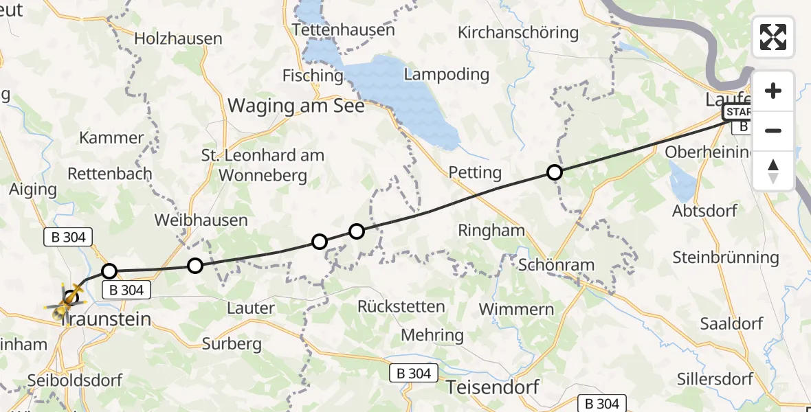 Flugroute Rettungshubschrauber Laufen - Traunstein Hospital, 08 Juli 2026, 09:47