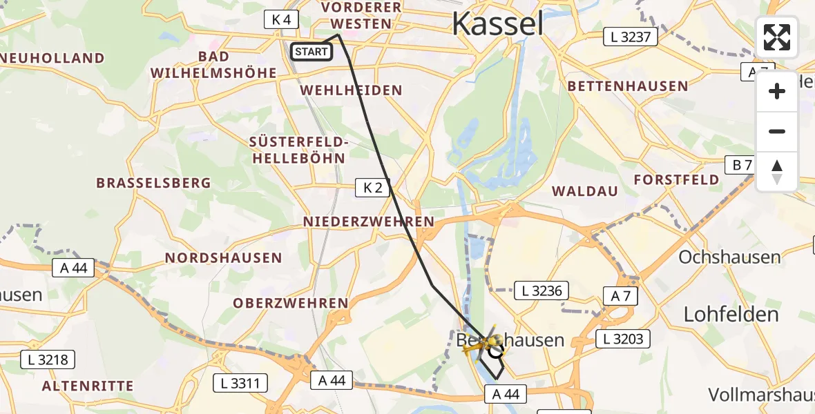 Flugroute Rettungshubschrauber Kassel - Fuldabrück, 08 Juli 2026, 09:50