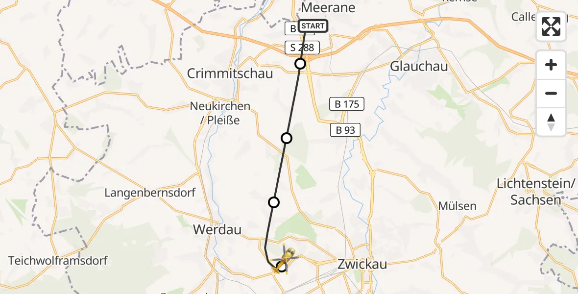 Flugroute Rettungshubschrauber Meerane - ADAC Air Rescue Station Zwickau Hubschrauberlandeplatz, 08 Juli 2026, 09:52