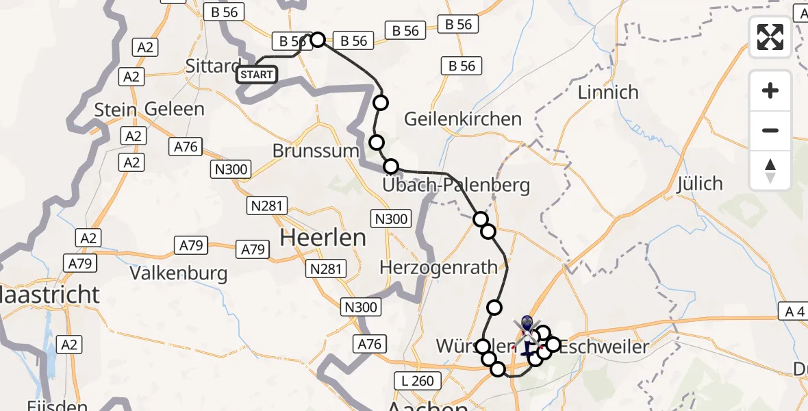 Flugroute Polizeihubschrauber Selfkant - Aachen-Merzbrück Flughafen, 08 Juli 2026, 09:55