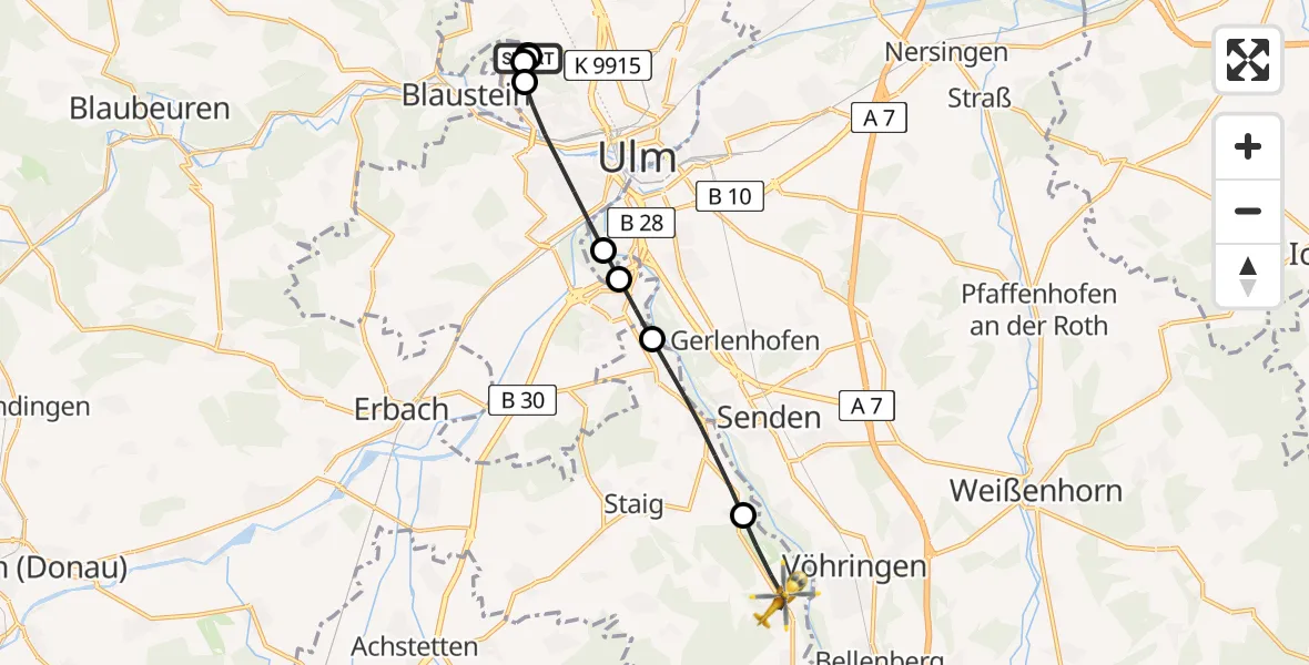 Flugroute Rettungshubschrauber Ulm Military Hospital Emergency - Illerrieden, 08 Juli 2026, 09:59