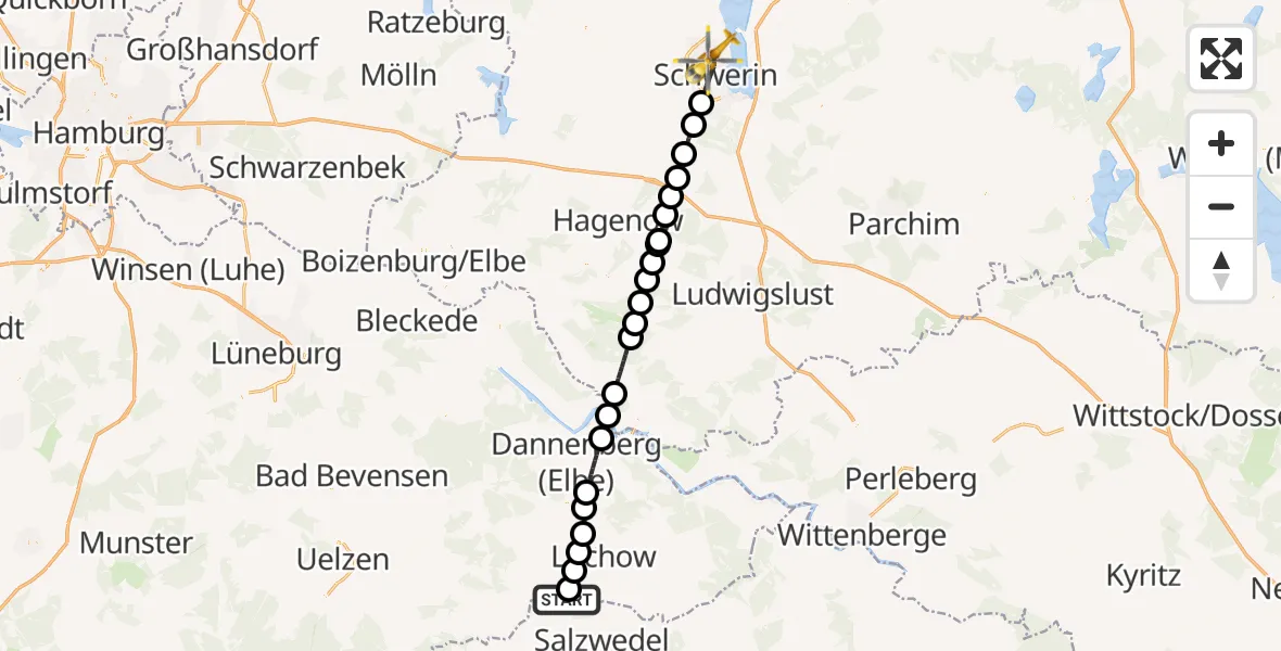 Flugroute Rettungshubschrauber Luckau (Wendland) - Schwerin, 08 Juli 2026, 10:02