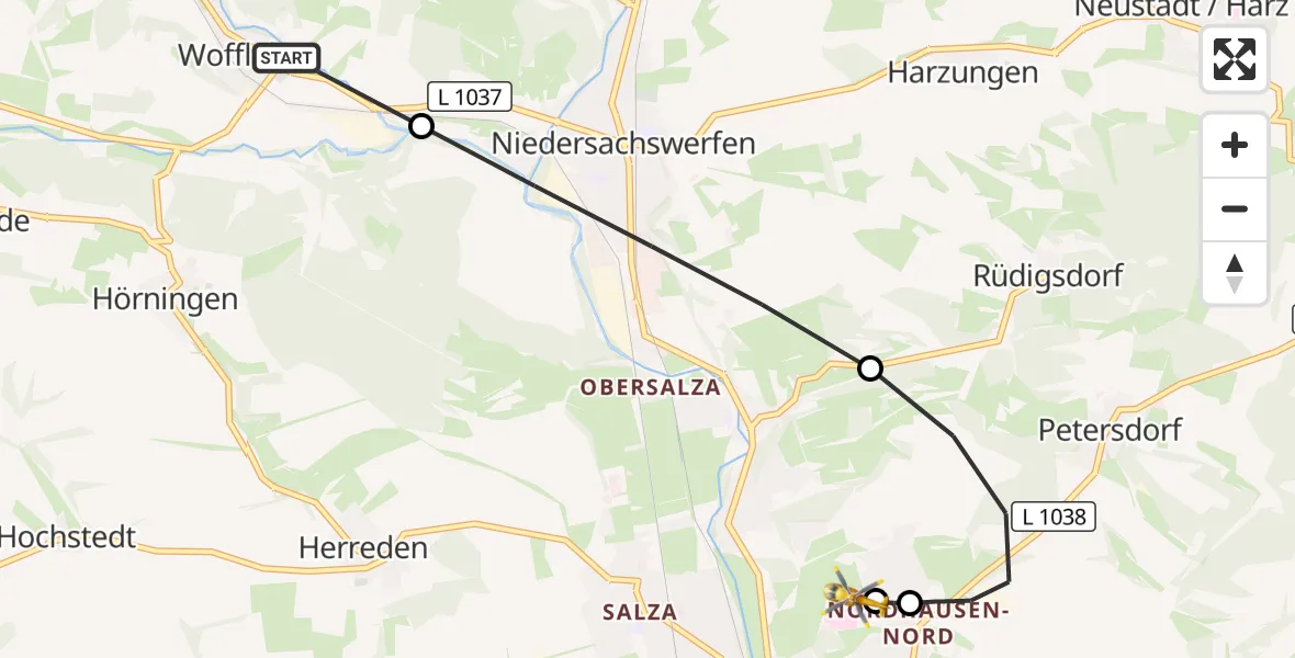 Flugroute Rettungshubschrauber Ellrich - Südharz Hospital Nordhausen, 08 Juli 2026, 10:06