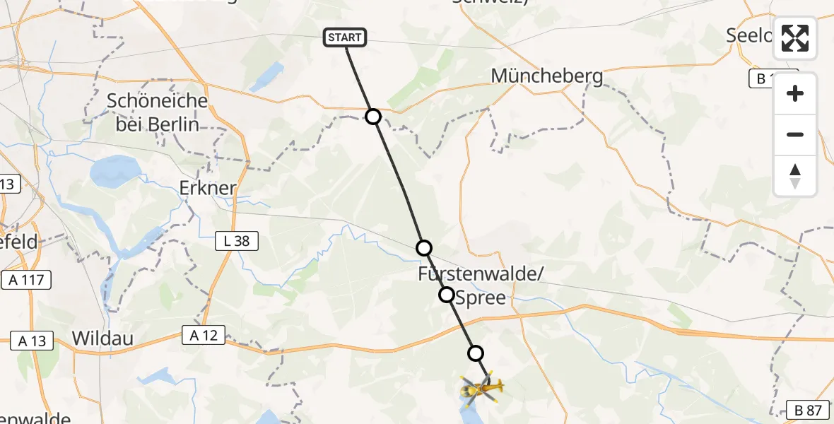 Flugroute Rettungshubschrauber Rehfelde - Bad Saarow, 08 Juli 2026, 10:06