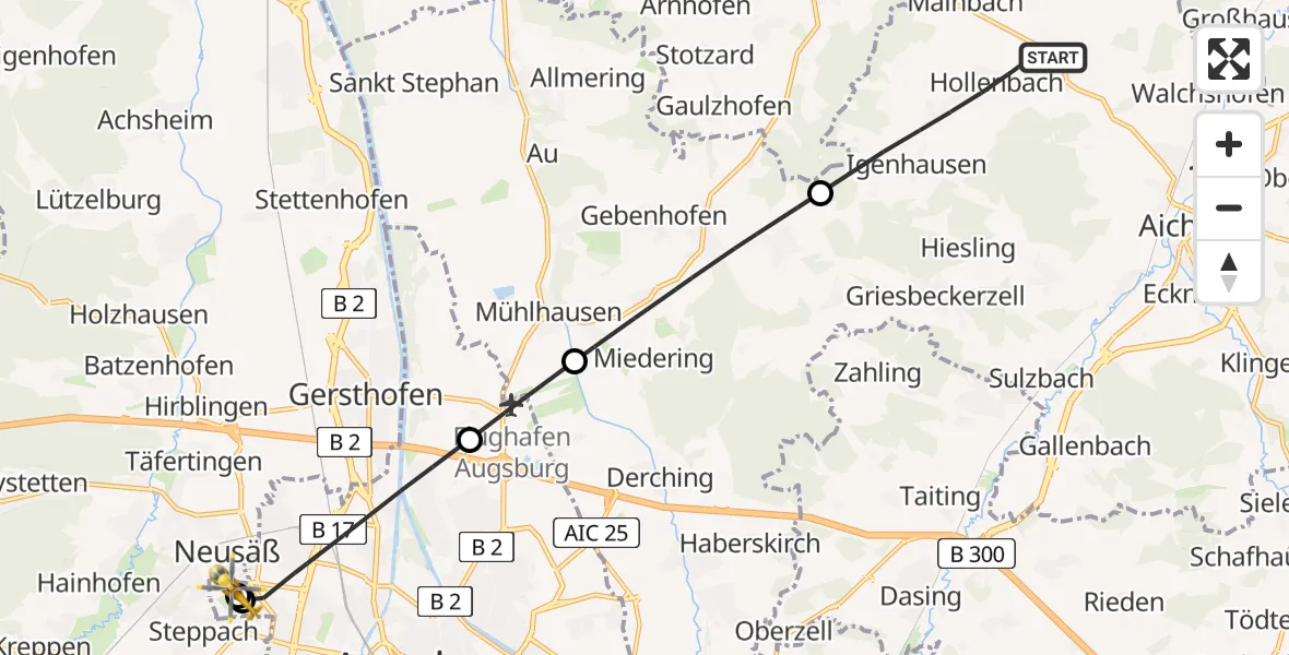 Flugroute Rettungshubschrauber Hollenbach - Augsburg University Hospital, 08 Juli 2026, 10:07