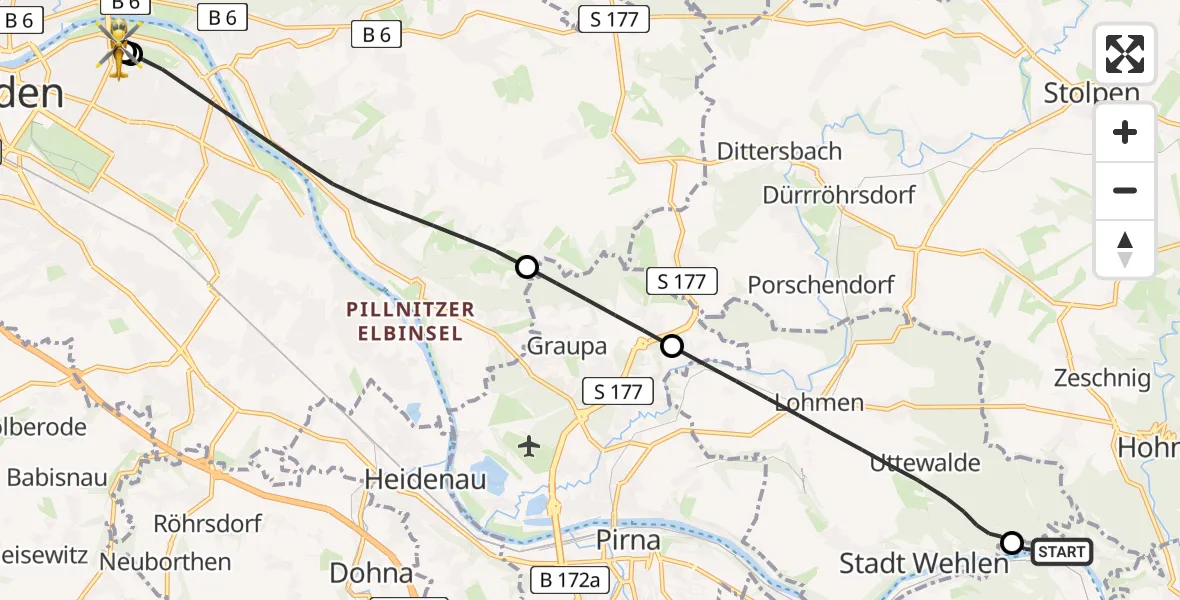Flugroute Rettungshubschrauber Rathen - Dresden University Hospital, 08 Juli 2026, 10:07
