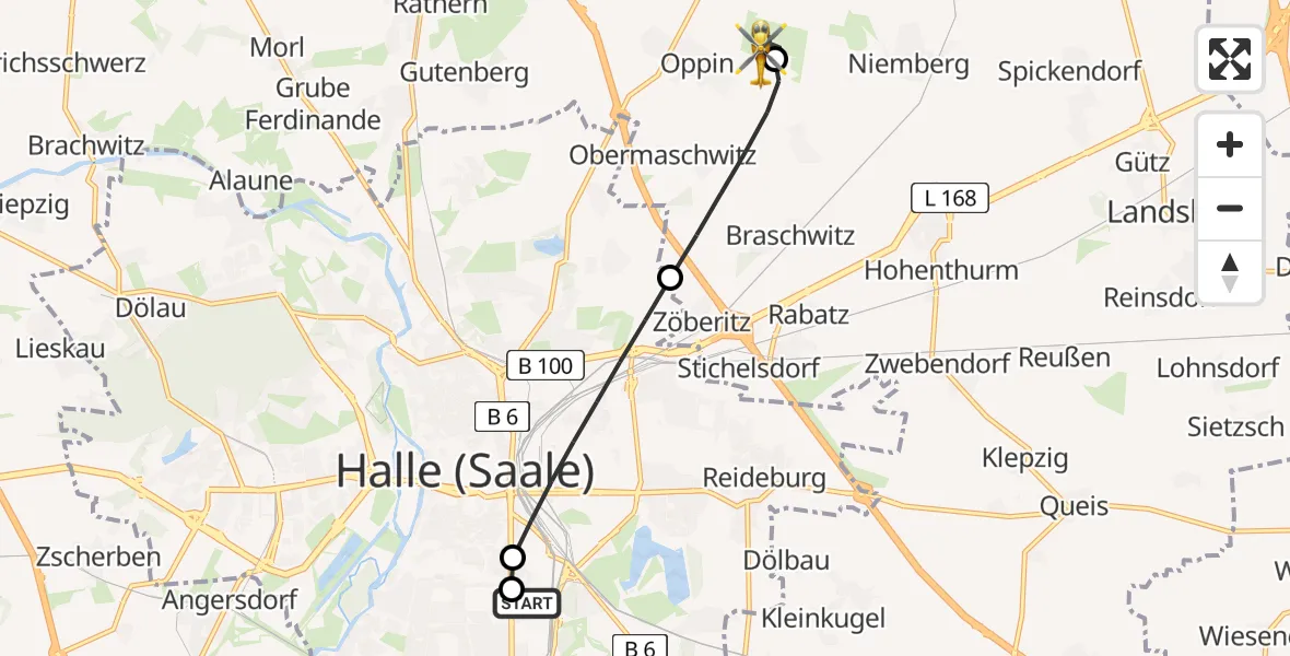 Flugroute Rettungshubschrauber BG Hospital Bergmannstrost Halle - Halle-Oppin Flugplatz, 08 Juli 2026, 10:13
