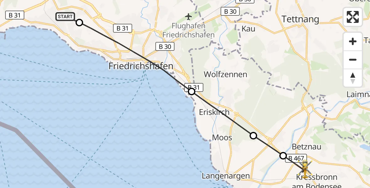 Flugroute Rettungshubschrauber Friedrichshafen Hospital - Kressbronn am Bodensee, 08 Juli 2026, 10:13