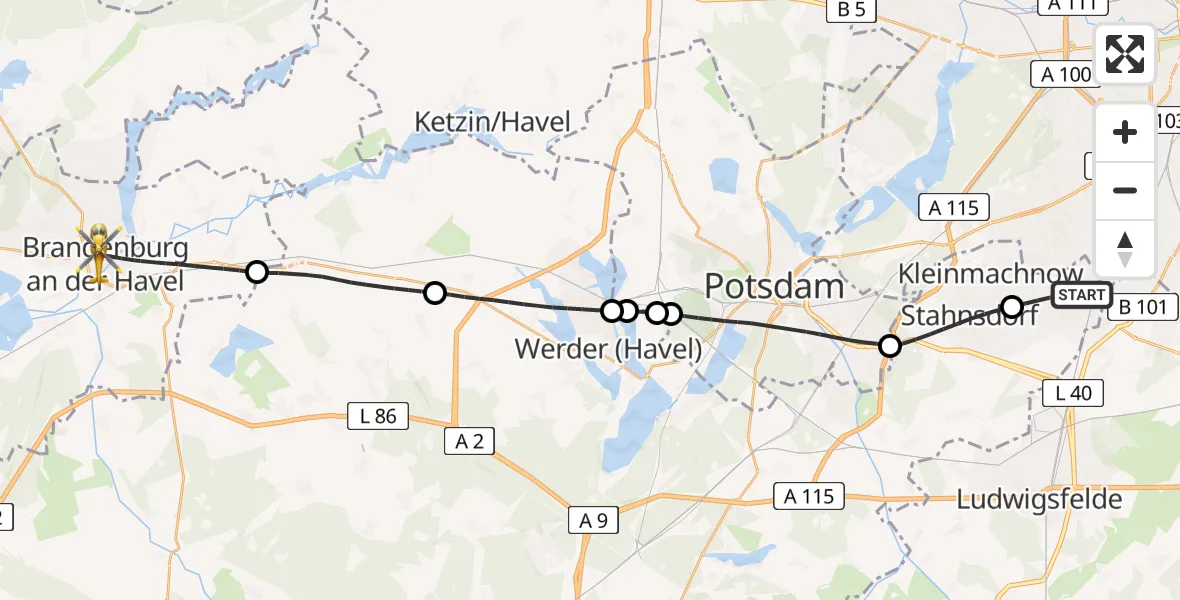 Flugroute Rettungshubschrauber Teltow - Brandenburg an der Havel, 08 Juli 2026, 10:20