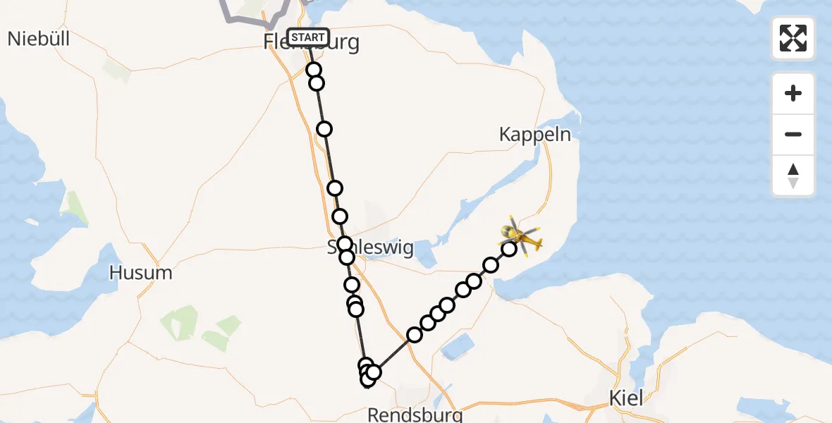 Flugroute Ambulanzhubschrauber Flensburg - Loose, 08 Juli 2026, 10:20
