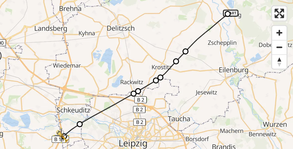 Flugroute Rettungshubschrauber Laußig - ADAC Air Rescue Station Leipzig/Schkeuditz-Dölzig Hubschrauberlandeplatz (Christoph 61), 08 Juli 2026, 10:20