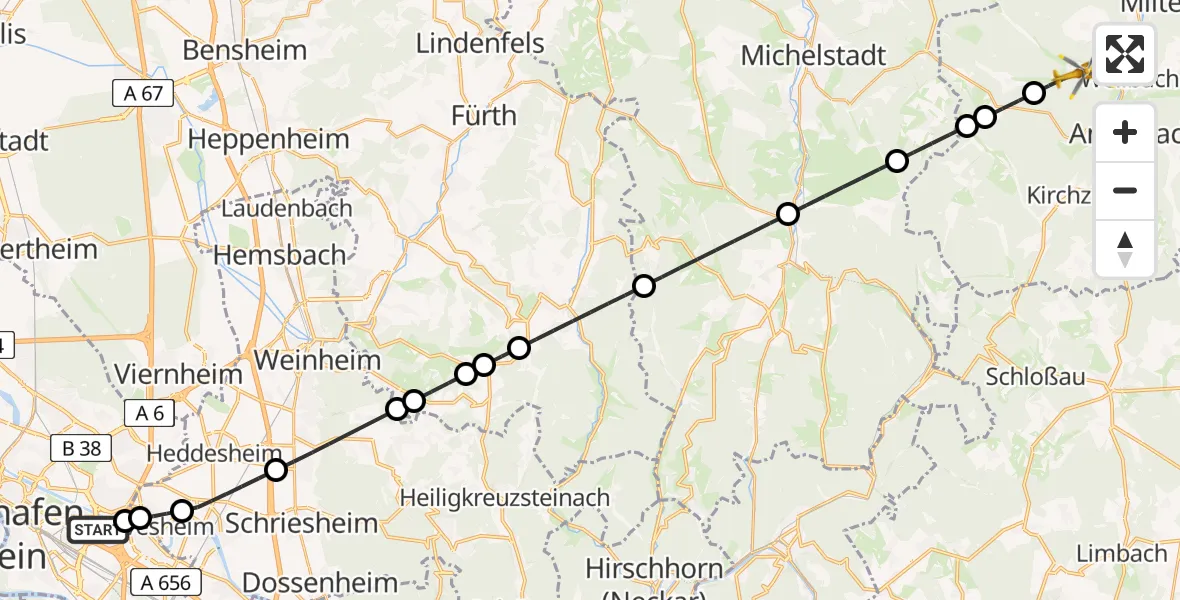 Flugroute Rettungshubschrauber Mannheim-City Flughafen - Weilbach, 08 Juli 2026, 10:22
