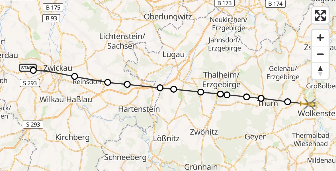 Flugroute Rettungshubschrauber ADAC Air Rescue Station Zwickau Hubschrauberlandeplatz - Wolkenstein, 08 Juli 2026, 10:23