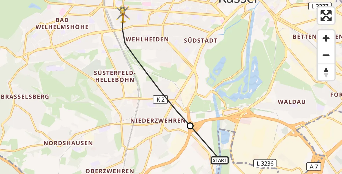 Flugroute Rettungshubschrauber Fuldabrück - Kassel, 08 Juli 2026, 10:26