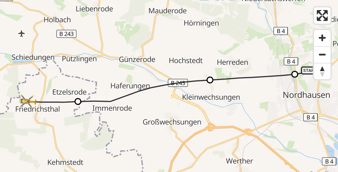 Flugroute Rettungshubschrauber Südharz Hospital Nordhausen - Bleicherode, 08 Juli 2026, 10:33