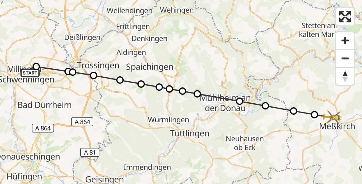 Flugroute Ambulanzhubschrauber DRF Air Rescue Station Villingen-Schwenningen Hubschrauberlandeplatz (Christoph 11) - Meßkirch, 08 Juli 2026, 10:43