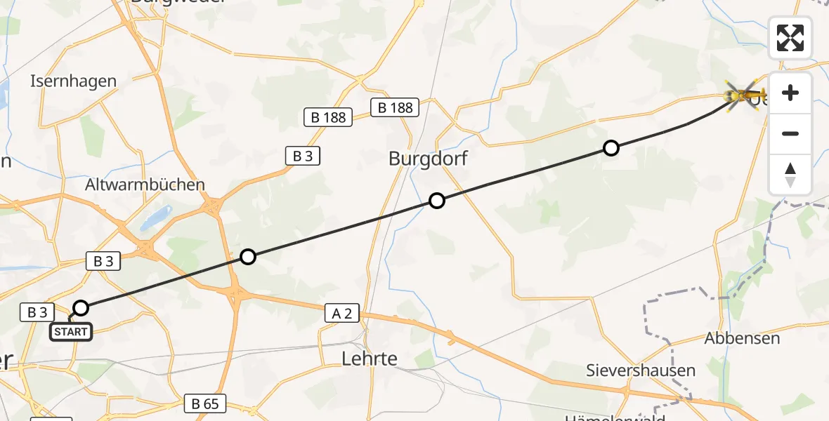 Flugroute Rettungshubschrauber Hannover Luftrettung Hubschrauberlandeplatz (Christoph 4) - Uetze, 08 Juli 2026, 10:45