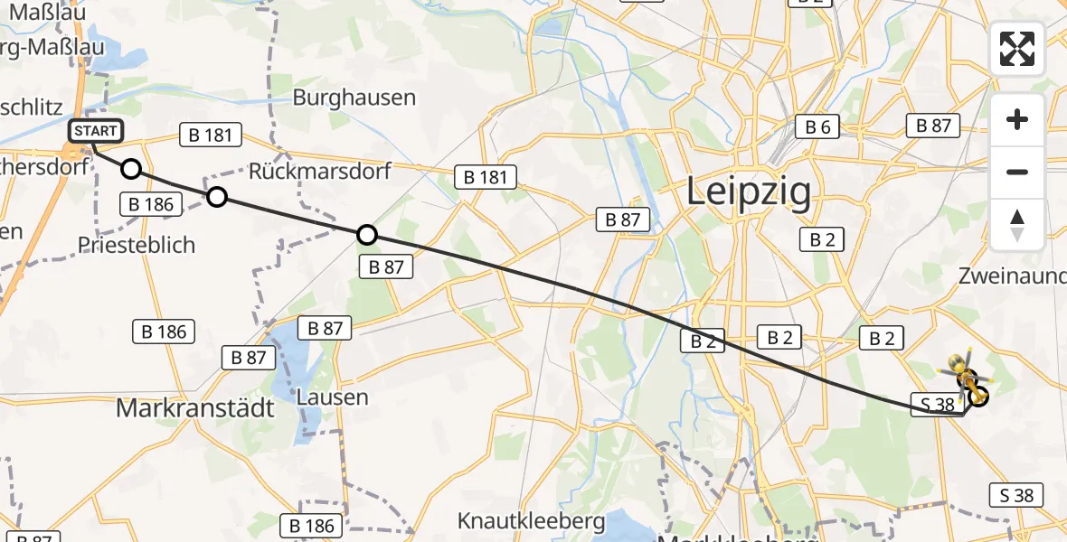 Flugroute Rettungshubschrauber ADAC Air Rescue Station Leipzig/Schkeuditz-Dölzig Hubschrauberlandeplatz (Christoph 61) - Leipzig Heart Center Rooftop Hubschrauberlandeplatz, 08 Juli 2026, 10:46