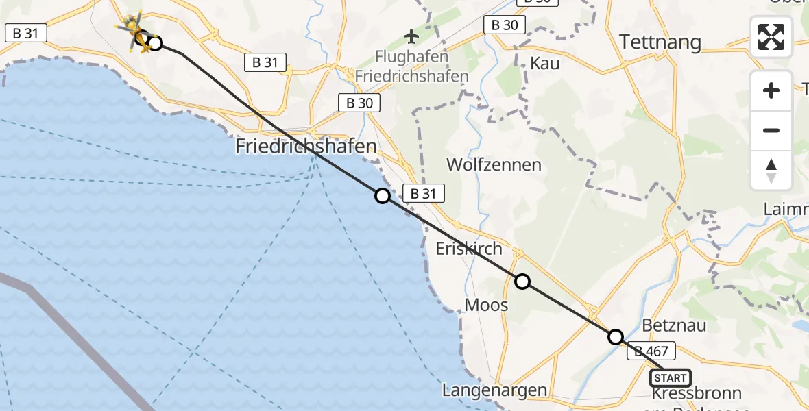 Flugroute Rettungshubschrauber Kressbronn am Bodensee - Friedrichshafen Hospital, 08 Juli 2026, 10:54