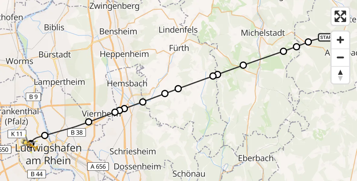 Flugroute Rettungshubschrauber Weilbach - Ludwigshafen Accident Hospital, 08 Juli 2026, 10:58