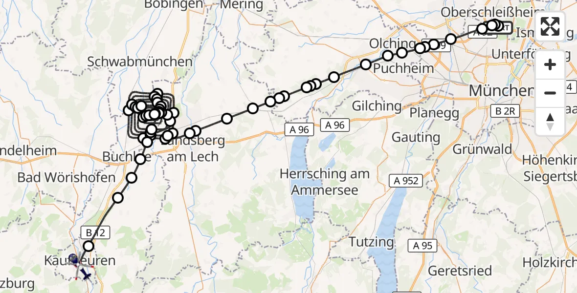 Flugroute Polizeihubschrauber Oberschleißheim - Kaufbeuren, 08 Juli 2026, 10:59