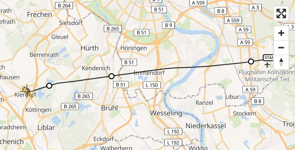 Flugroute Ambulanzhubschrauber Köln Bonn Flughafen - Erftstadt, 08 Juli 2026, 11:00