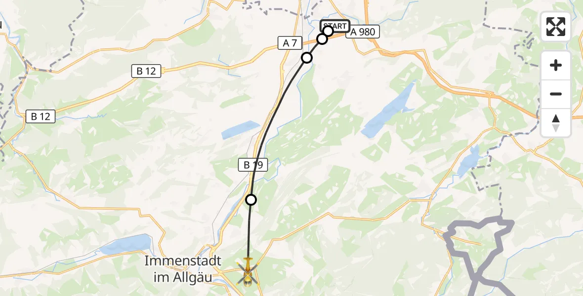 Flugroute Rettungshubschrauber Kempten-Durach Flugplatz - Agathazell Flugplatz, 08 Juli 2026, 11:04