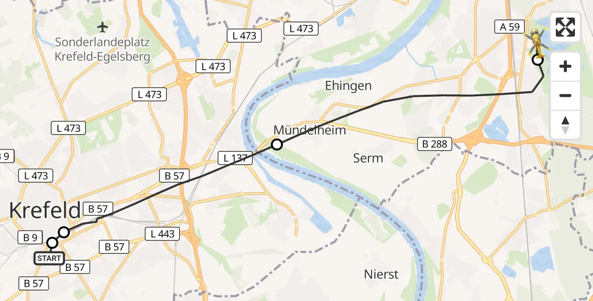 Flugroute Rettungshubschrauber Helios Clinic Krefeld - Duisburg Air Rescue Hubschrauberlandeplatz (Christoph 9), 08 Juli 2026, 11:06