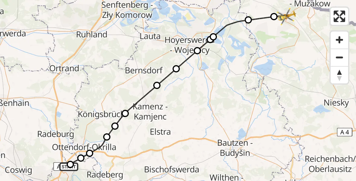 Flugroute Rettungshubschrauber Dresden Bundespolizei Hubschrauberlandeplatz - Weißwasser/O.L., 08 Juli 2026, 11:07