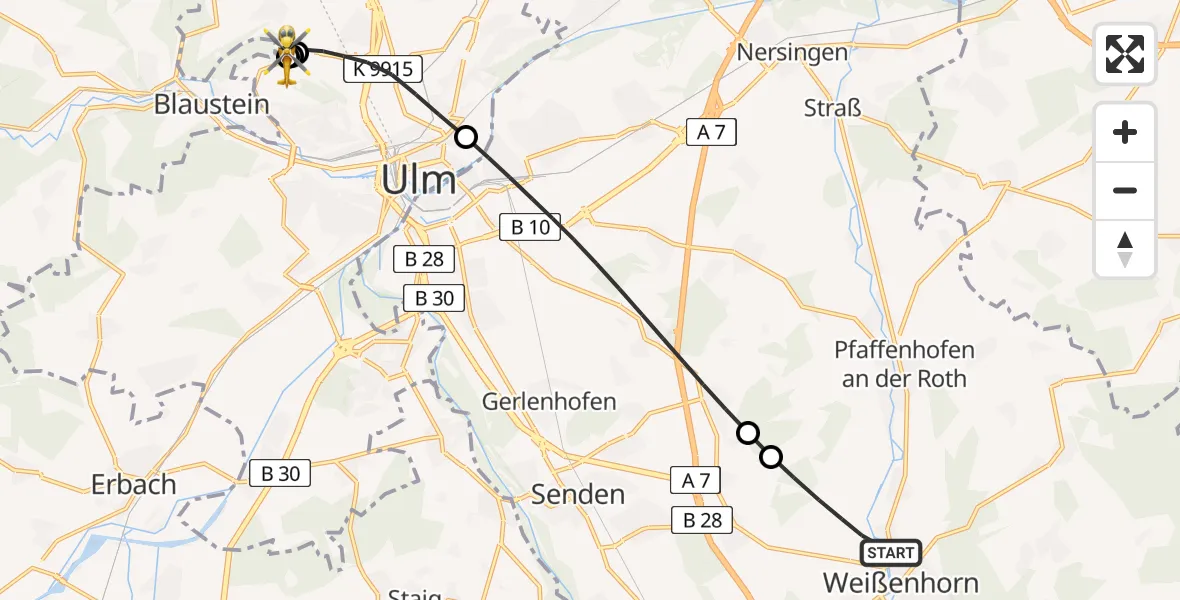 Flugroute Rettungshubschrauber Weißenhorn - ADAC Air Rescue Station Ulm (Christoph 22), 08 Juli 2026, 11:08