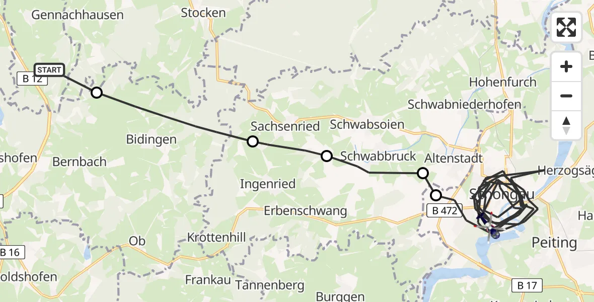 Flugroute Polizeihubschrauber Mauerstetten - Schongau, 08 Juli 2026, 11:17