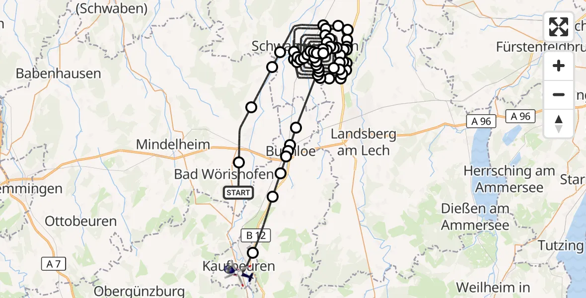 Flugroute Polizeihubschrauber Bad Wörishofen - Kaufbeuren, 08 Juli 2026, 11:21
