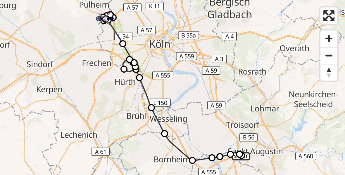 Flugroute Polizeihubschrauber Sankt Augustin - Pulheim, 08 Juli 2026, 11:22