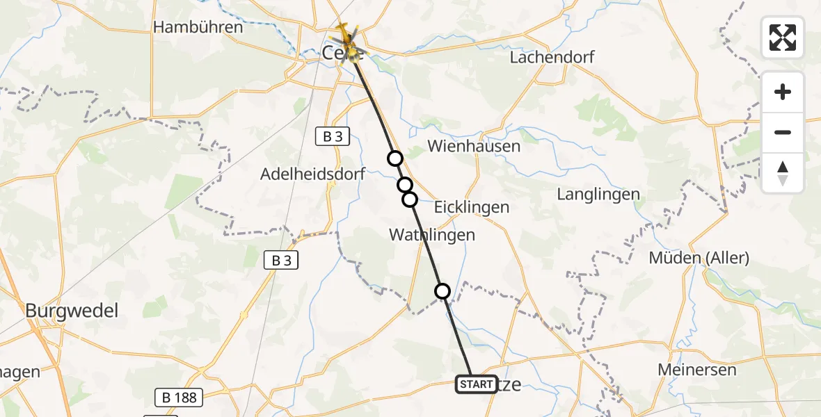 Flugroute Rettungshubschrauber Uetze - Celle, 08 Juli 2026, 11:23