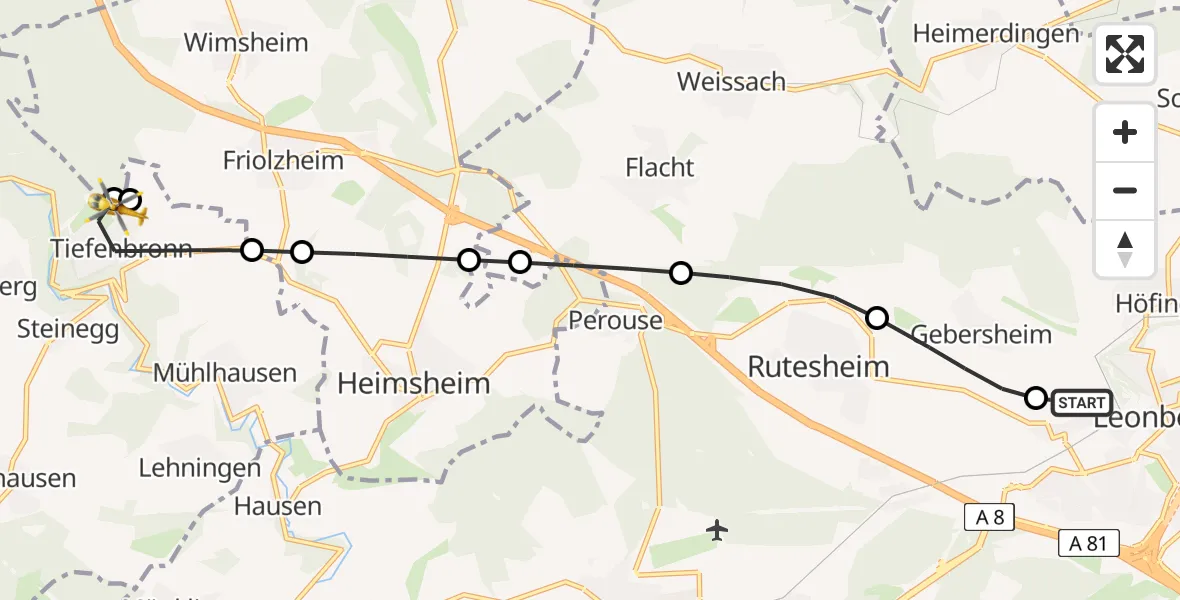Flugroute Rettungshubschrauber Leonberg Hospital - Tiefenbronn, 08 Juli 2026, 11:23