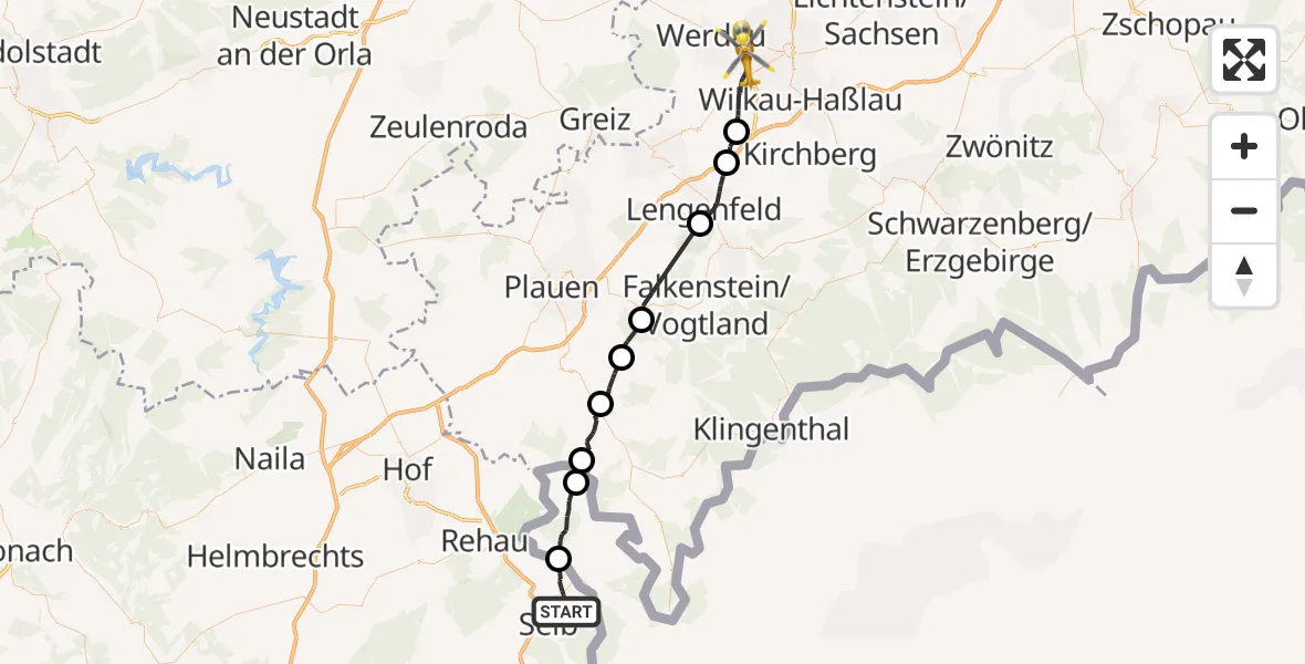 Flugroute Rettungshubschrauber Selb - ADAC Air Rescue Station Zwickau Hubschrauberlandeplatz, 08 Juli 2026, 11:25