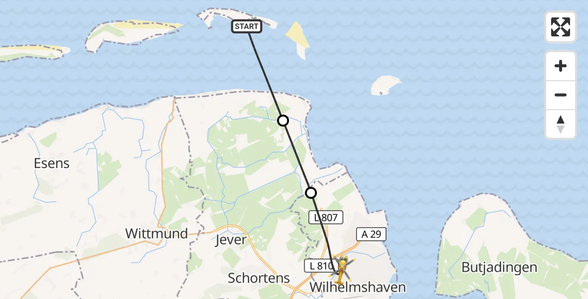 Flugroute Rettungshubschrauber Noordzee - Wilhelmshaven, 08 Juli 2026, 11:26