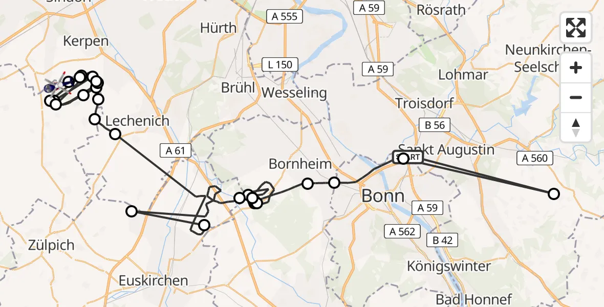Flugroute Polizeihubschrauber Bonn - Militärflugplatz Nörvenich, 08 Juli 2026, 11:28