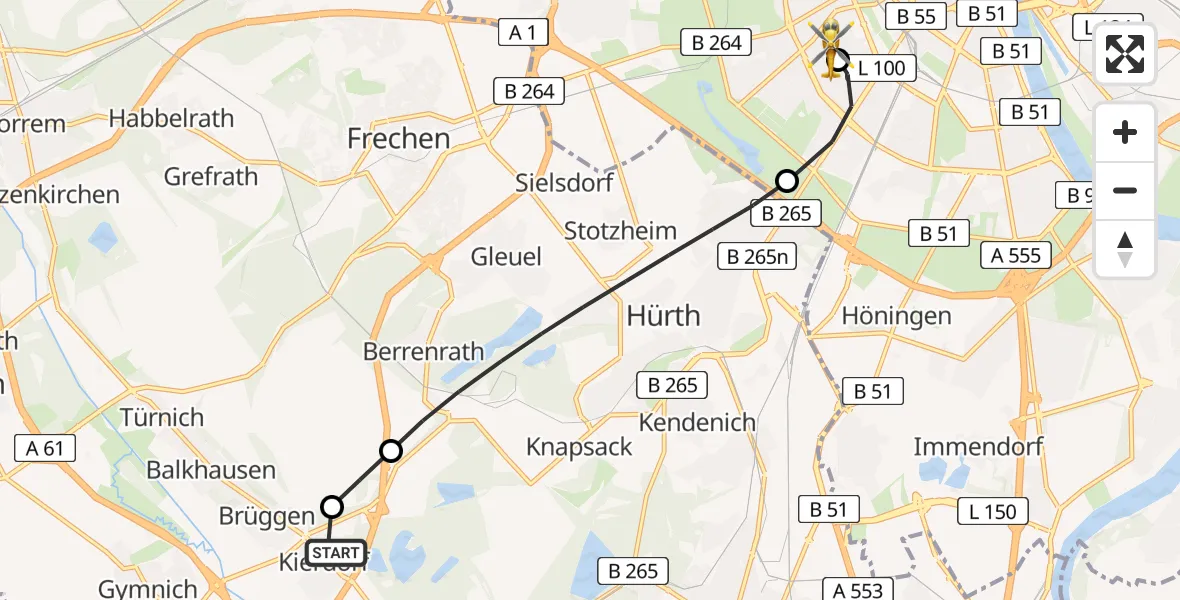 Flugroute Ambulanzhubschrauber Erftstadt - Köln University Hospital, 08 Juli 2026, 11:28