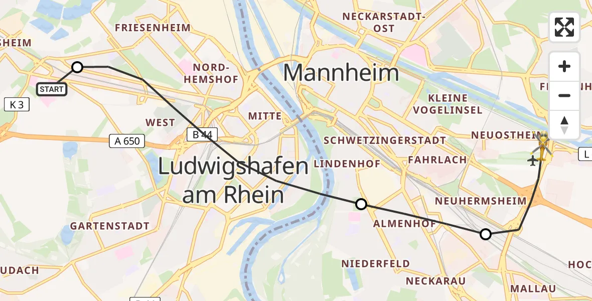 Flugroute Rettungshubschrauber Ludwigshafen Accident Hospital - Mannheim-City Flughafen, 08 Juli 2026, 11:38