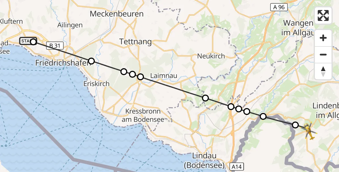 Flugroute Rettungshubschrauber Friedrichshafen Hospital - Scheidegg, 08 Juli 2026, 11:43