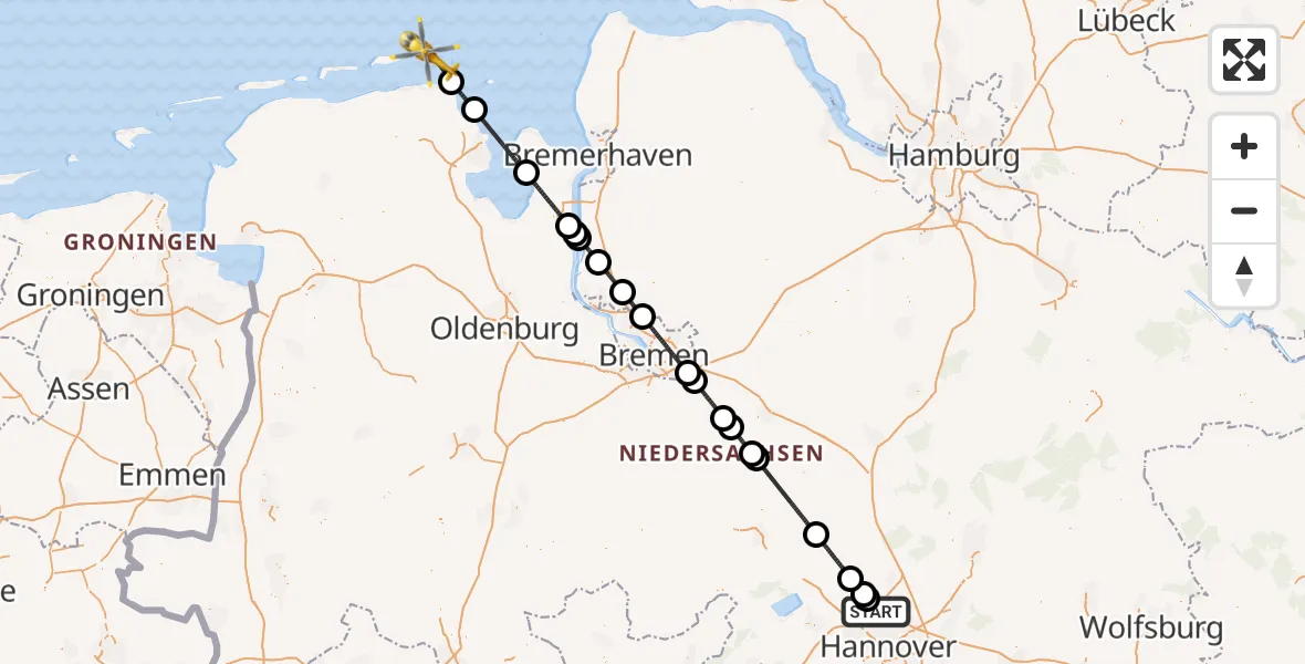 Flugroute Rettungshubschrauber Flughafen Hannover - Wangerooge Flughafen, 08 Juli 2026, 11:48