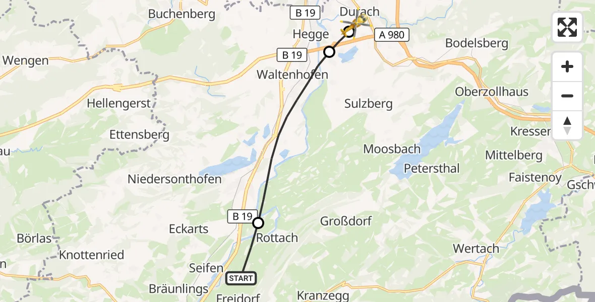 Flugroute Rettungshubschrauber Rettenberg - Kempten-Durach Flugplatz, 08 Juli 2026, 11:55