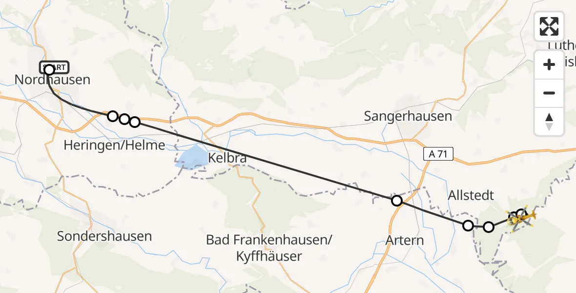 Flugroute Rettungshubschrauber Südharz Hospital Nordhausen - Allstedt, 08 Juli 2026, 11:55