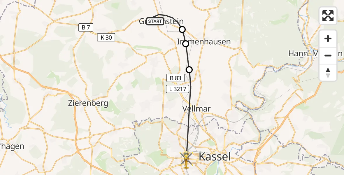 Flugroute Rettungshubschrauber Grebenstein - Kassel, 08 Juli 2026, 11:56