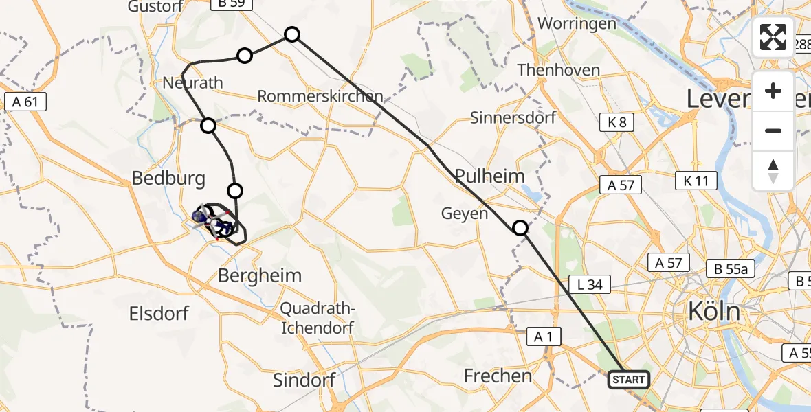 Flugroute Polizeihubschrauber Köln - Bergheim Flugplatz, 08 Juli 2026, 11:56