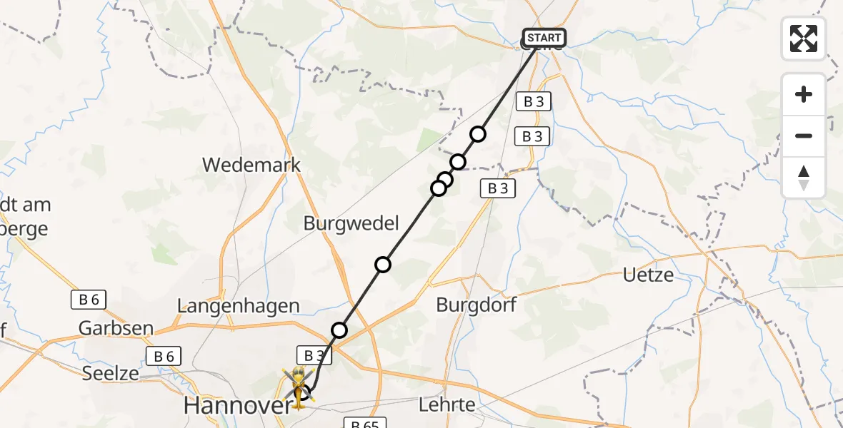Flugroute Rettungshubschrauber Celle - Hannover Luftrettung Hubschrauberlandeplatz (Christoph 4), 08 Juli 2026, 11:59
