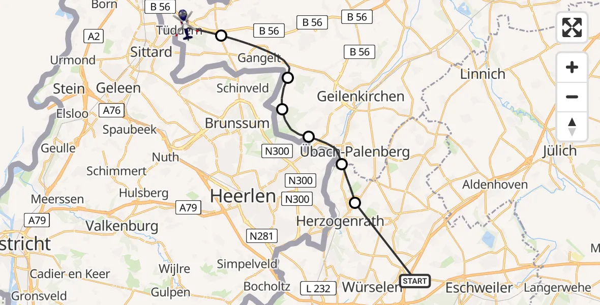 Flugroute Polizeihubschrauber Aachen-Merzbrück Flughafen - Selfkant, 08 Juli 2026, 11:59