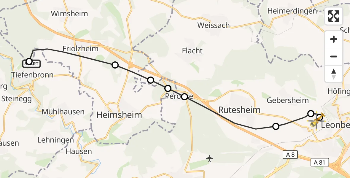 Flugroute Rettungshubschrauber Tiefenbronn - Leonberg Hospital, 08 Juli 2026, 12:04